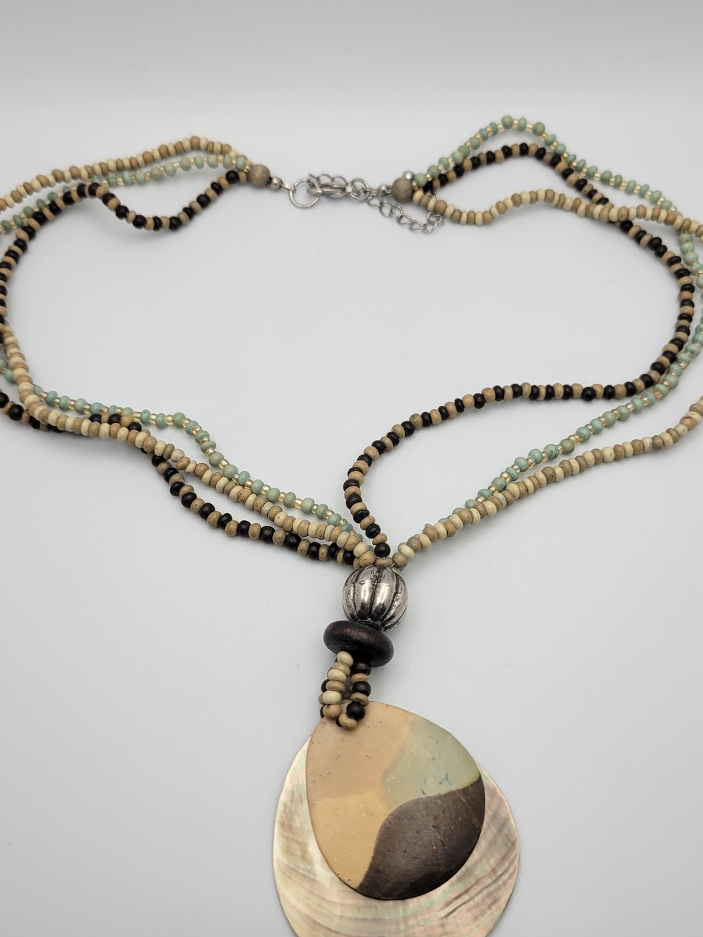 Boho Multi-Strand Beaded Necklace with Beige and Black Pendant